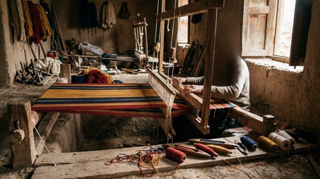 Weaver's pit loom with a colourful durrie half-woven
