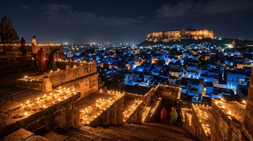 Rows of small oil lamps glowing along temple steps at night