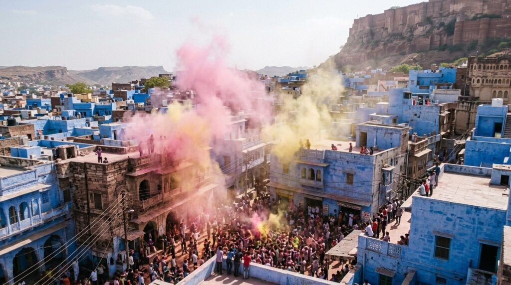 Clouds of pink and yellow colour powder hanging over an old square