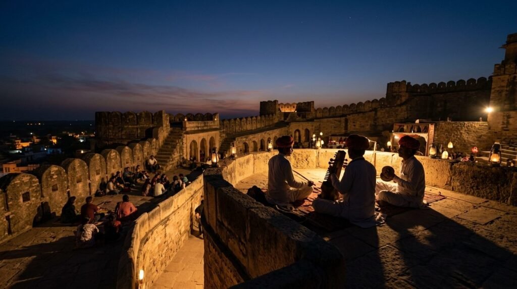 Folk musicians silhouetted on fort ramparts at dusk