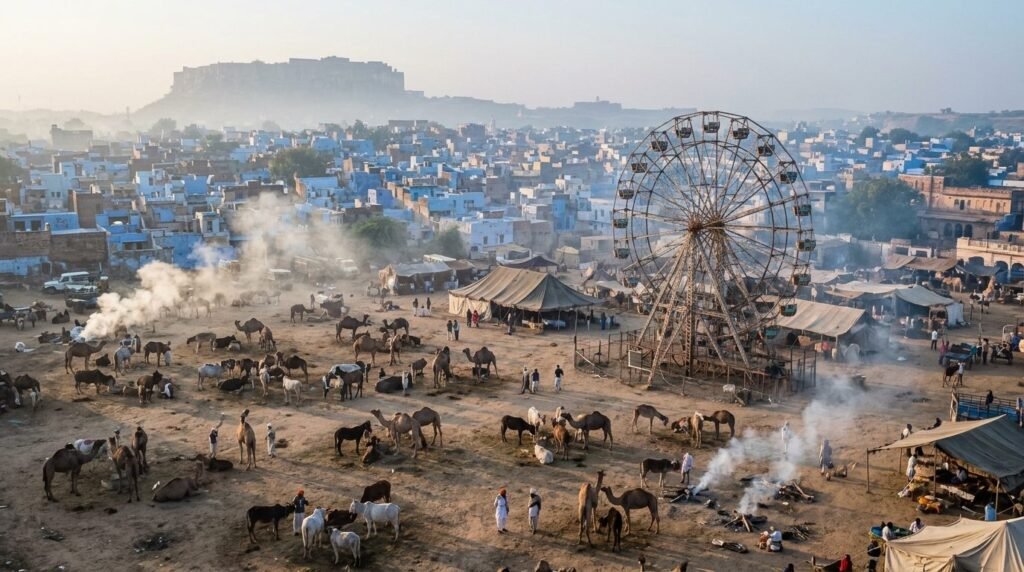 tethered livestock and wood smoke