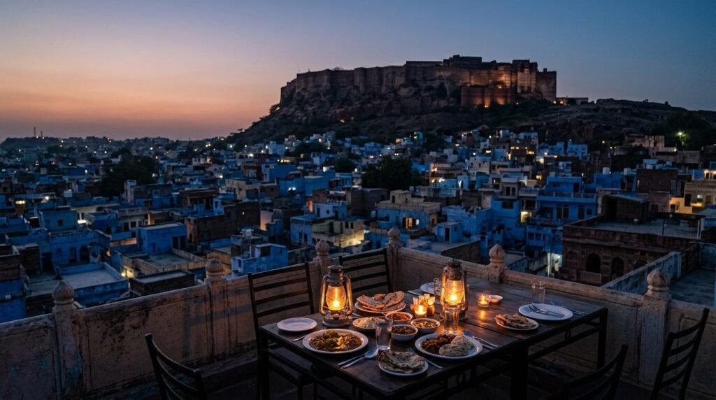a fort silhouette in the background