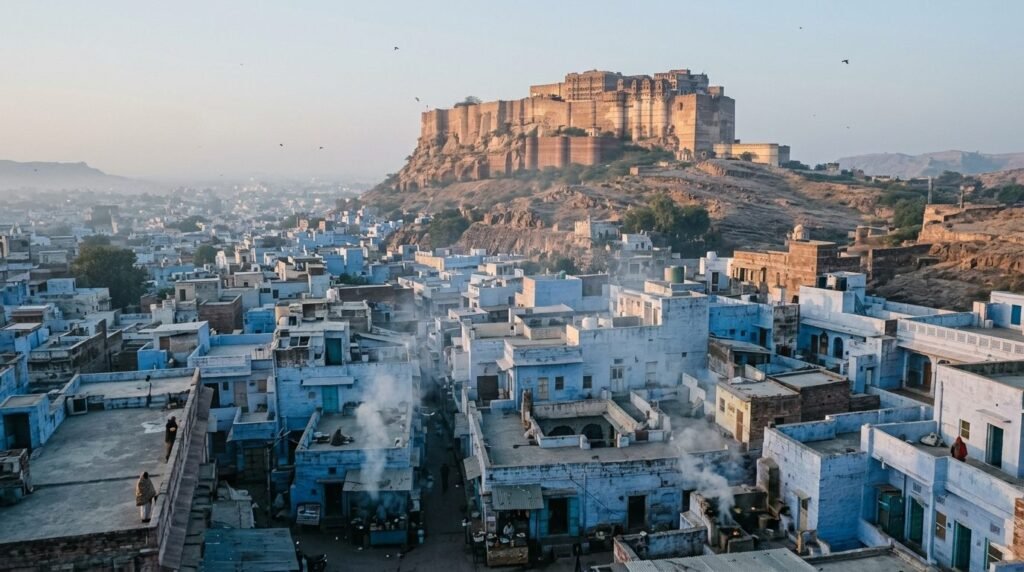 Winter morning haze over the blue city and the fort