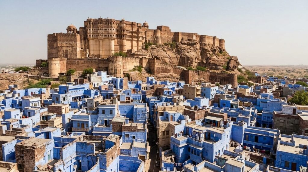 A striking heritage scene of warm sandstone architecture above a dense blue-wash