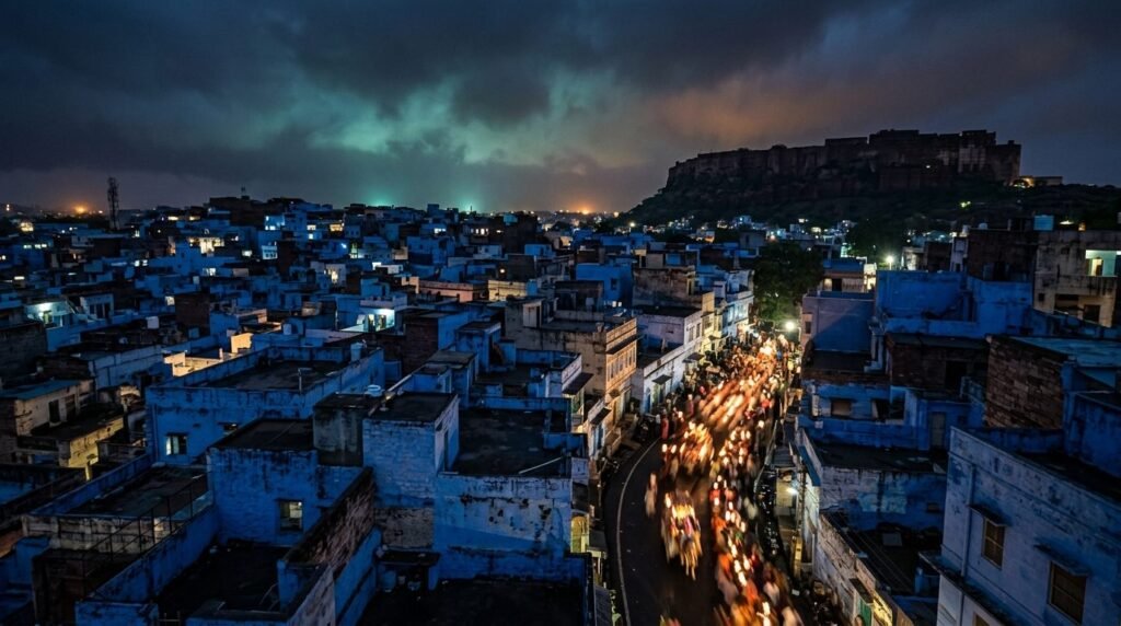 A wedding procession at night seen from a distance as warm blurred lights moving