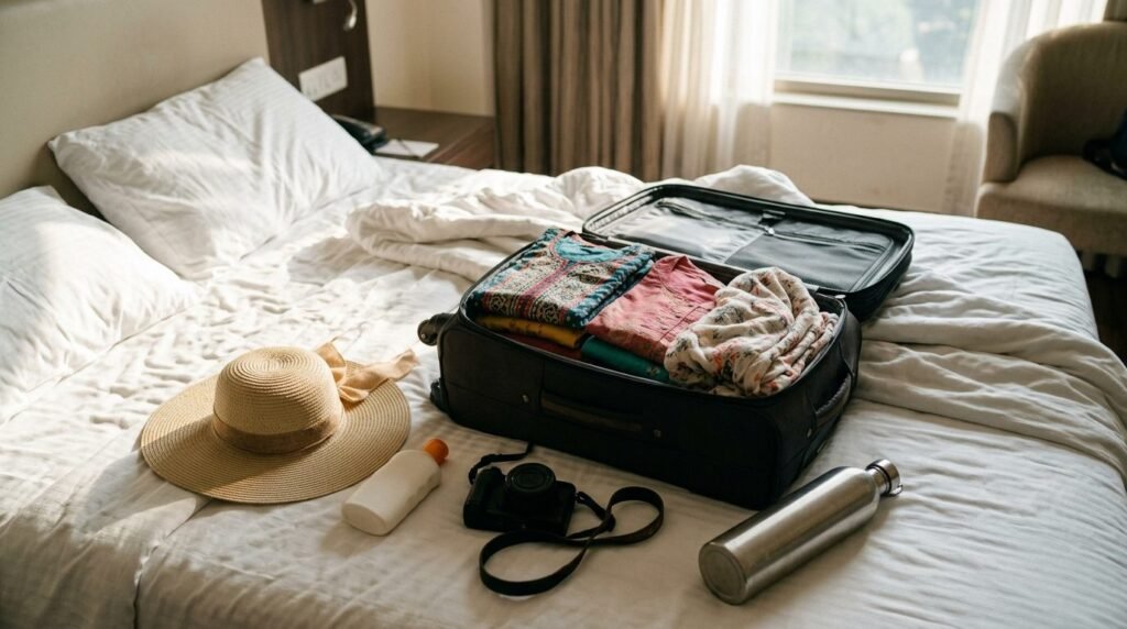 Open travel suitcase with kurtas, scarf and camera on a bed