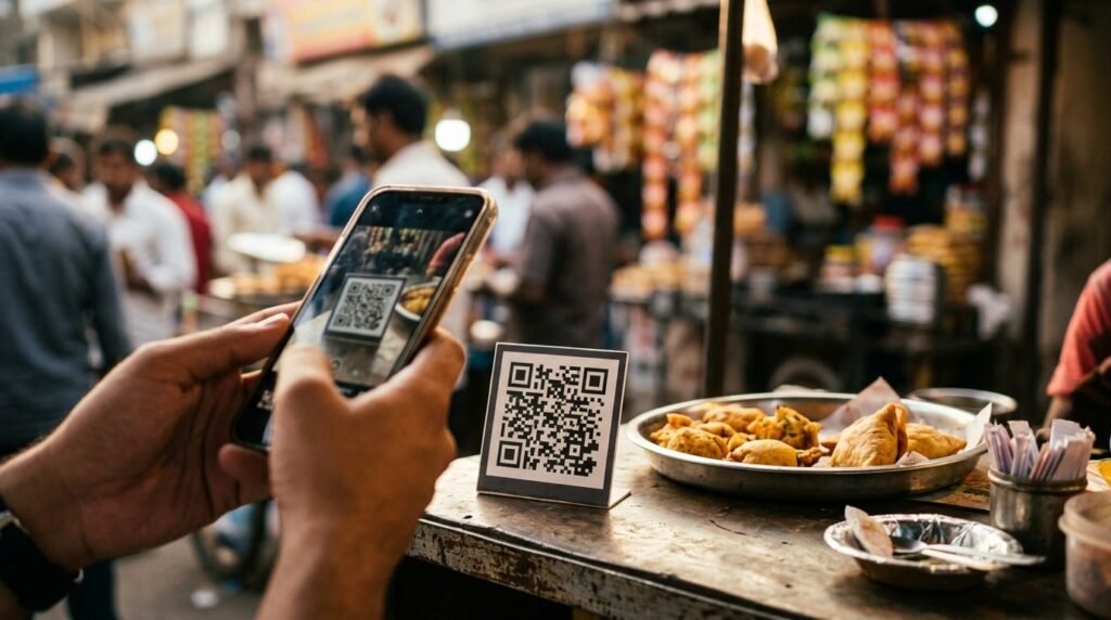 Hands scanning a phone QR code at a street stall