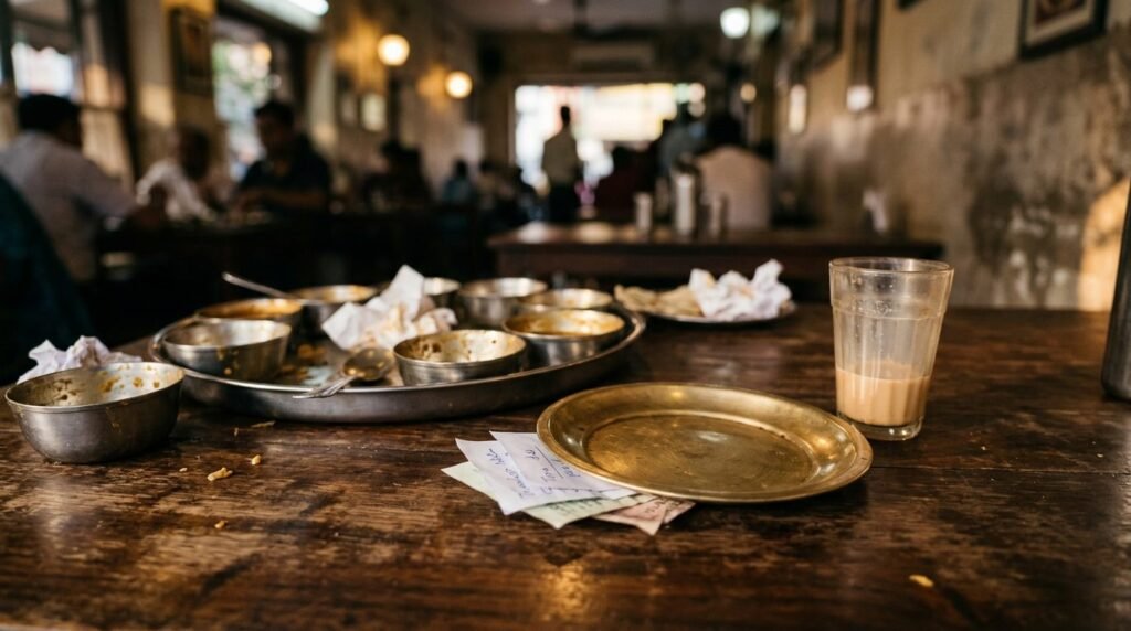 Tip notes left on a restaurant table beside a chai glass