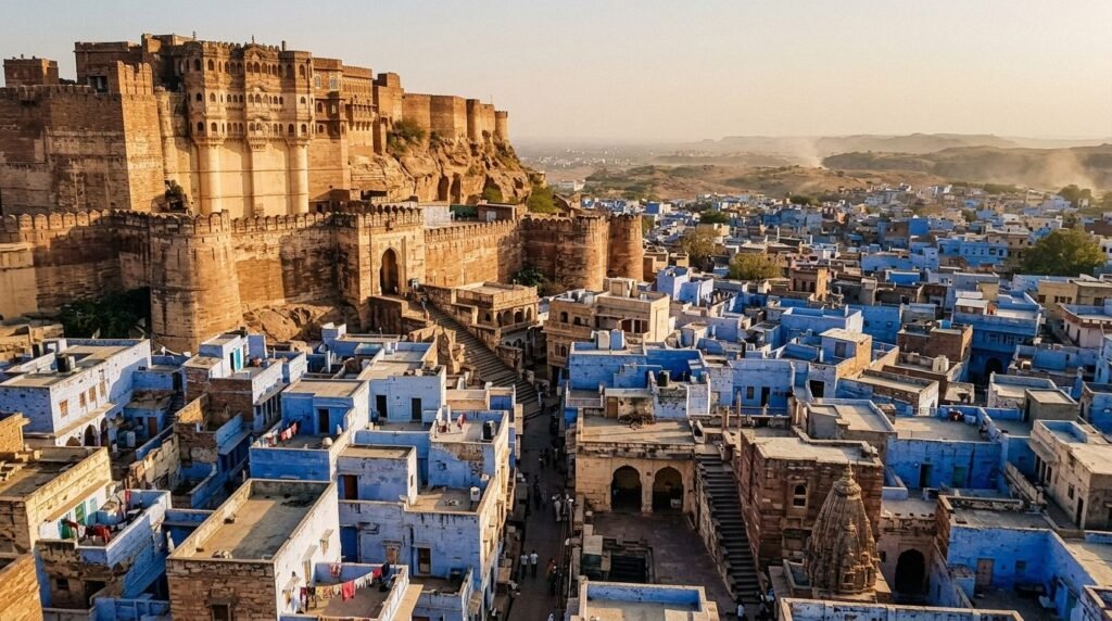 A striking heritage scene of warm sandstone architecture above a dense blue-wash
