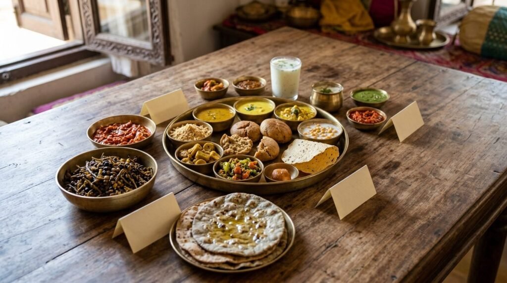 Vegetarian thali spread with vegan dishes on the side