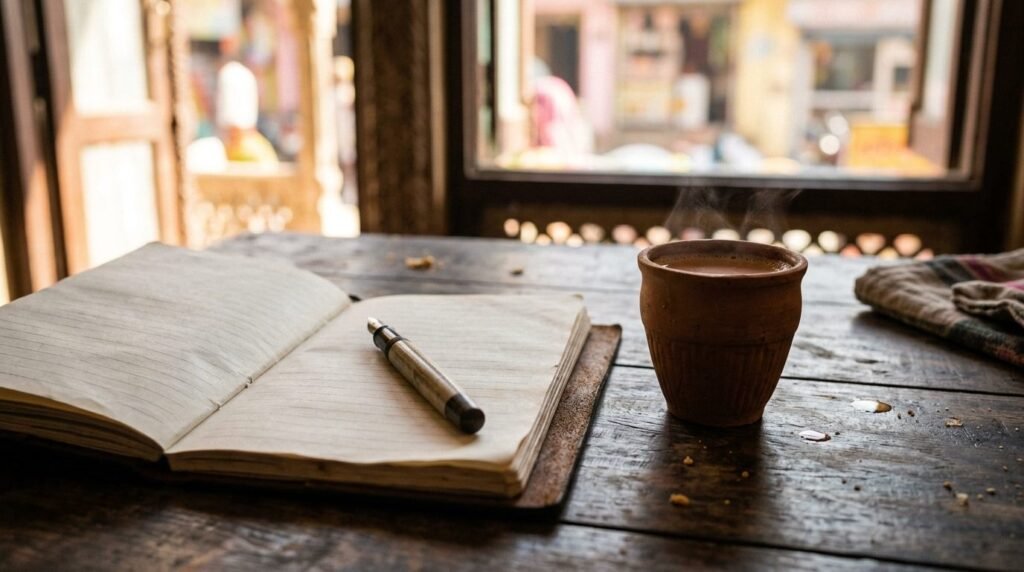 Notebook with Devanagari phrases and a glass of chai