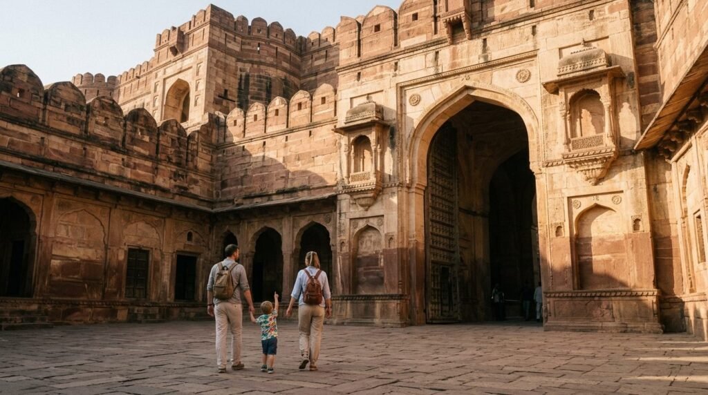 Family with a child walking through a fort gateway, from behind