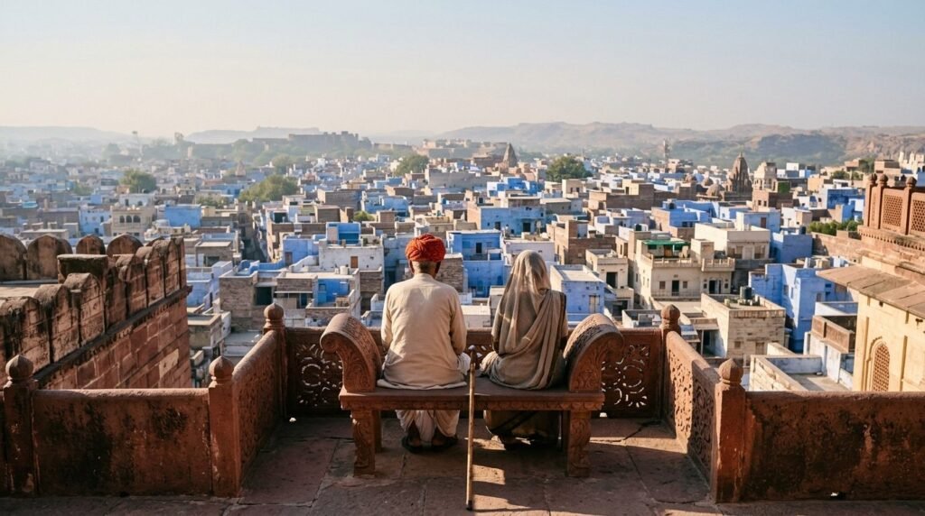 Elderly couple resting on a fort rampart bench with a view