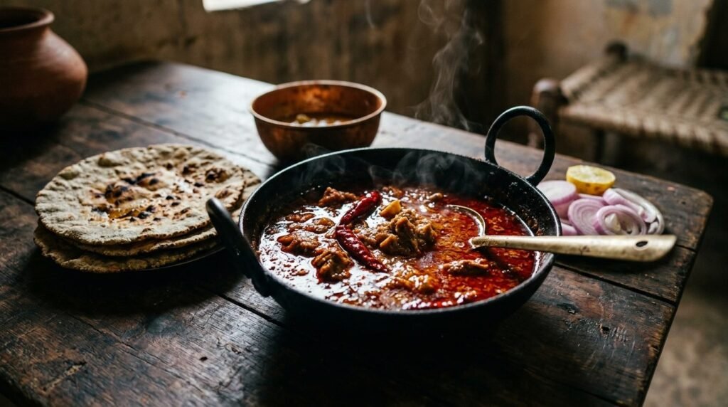 Fiery red laal maas in an iron kadhai with roti
