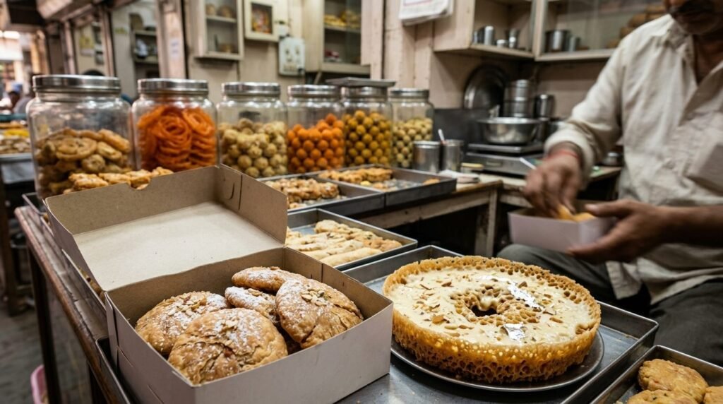 Mawa kachori and ghewar boxes at a sweet-shop counter