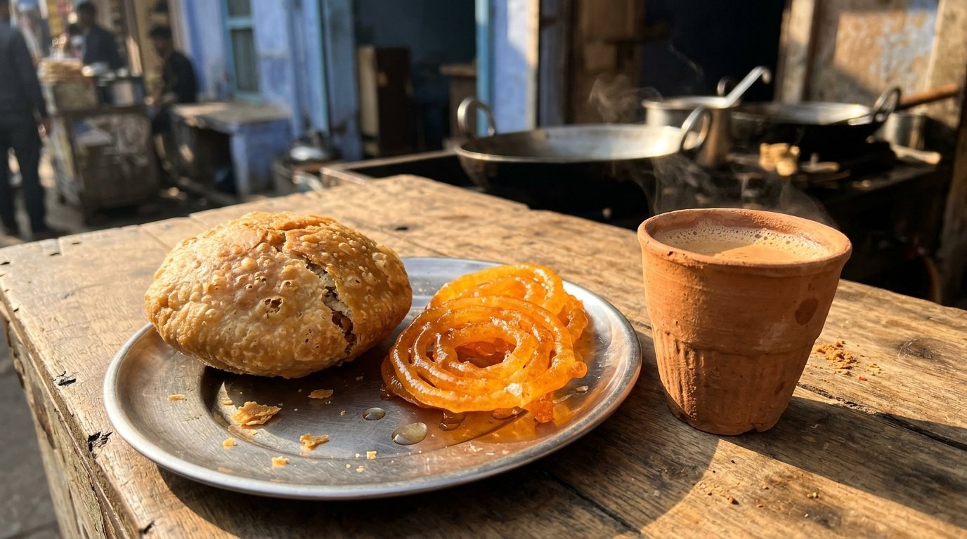 Kachori and jalebi on a steel plate, morning chai beside