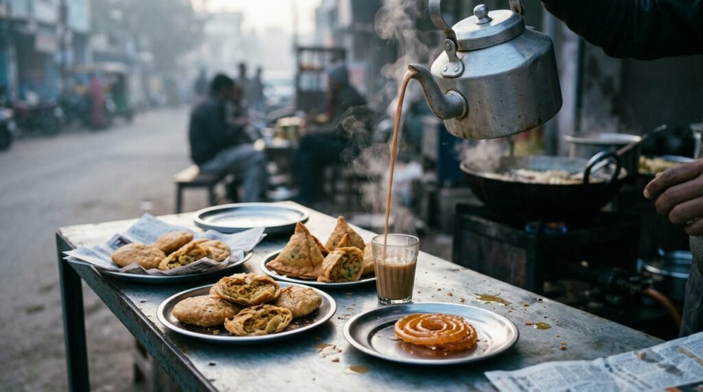 Morning breakfast spread with chai being poured