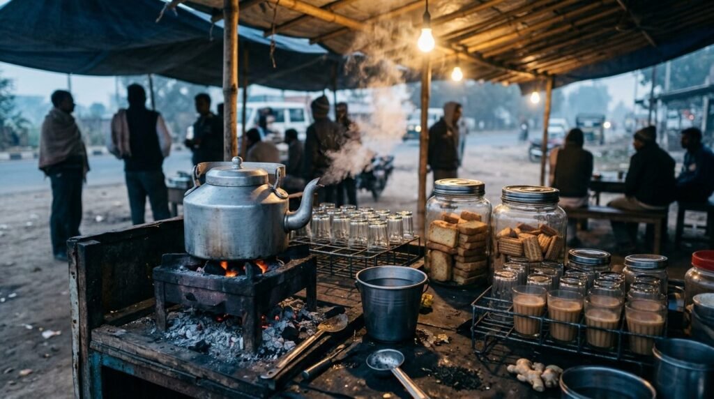 Tapri chai stall with kettle steam and glass tumblers
