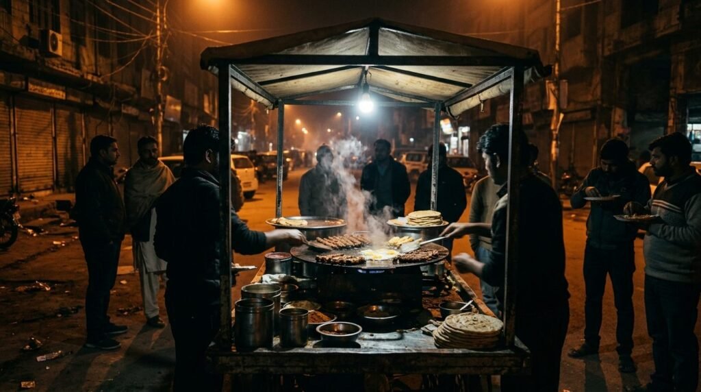 Late-night food cart glowing under sodium lights