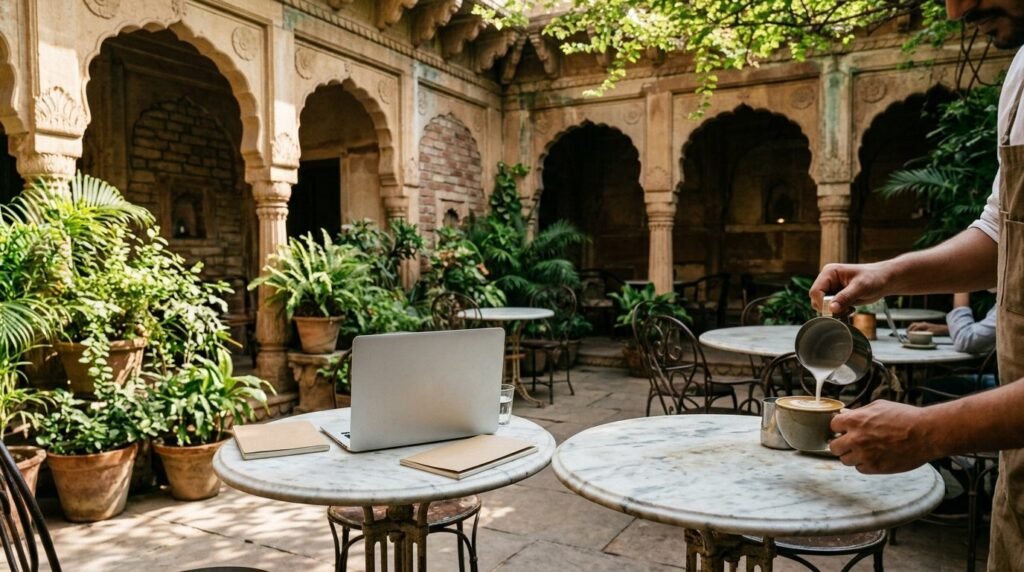 Specialty coffee being poured in a heritage courtyard cafe
