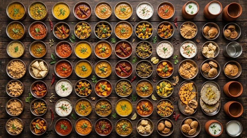 Many small Rajasthani dishes arranged in a top-down grid