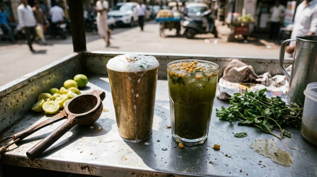 Chaas and jaljeera coolers with ice on a street counter