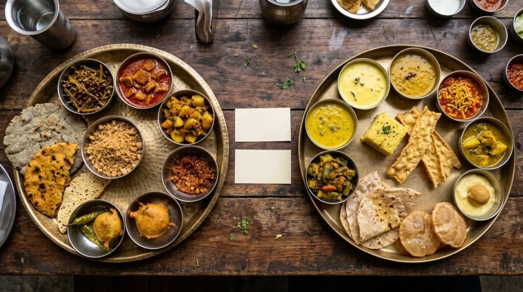 Two thalis side by side, Marwari and Gujarati, comparison view