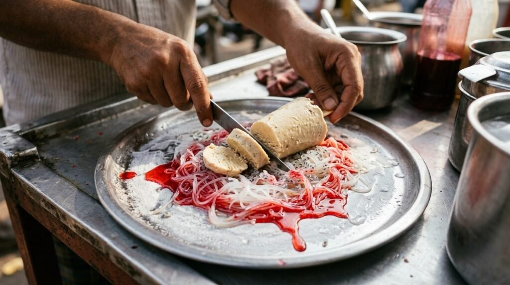 Kulfi falooda being sliced onto a plate
