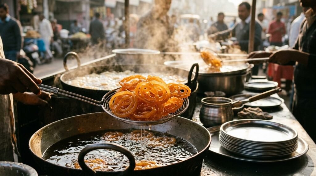 Fresh hot jalebi lifted from syrup at a clean busy counter
