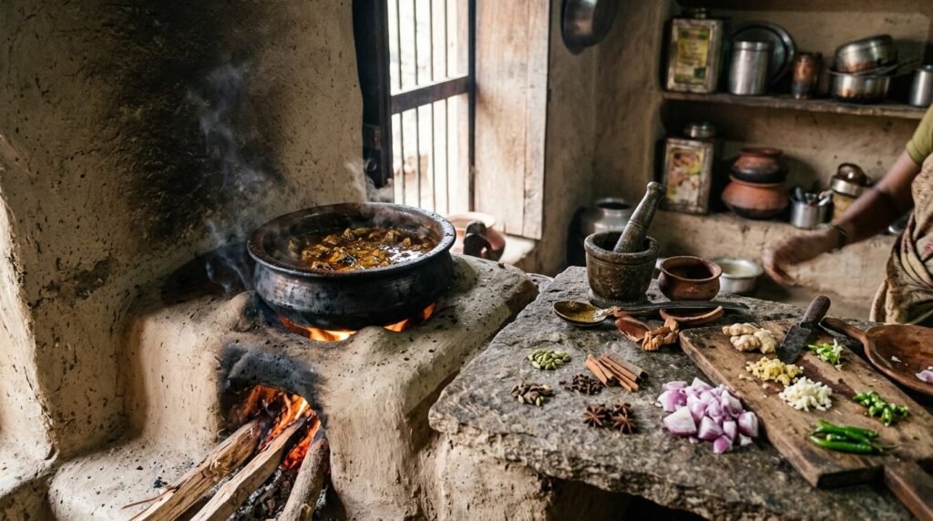 Mutton curry in a rustic kitchen with a clay stove