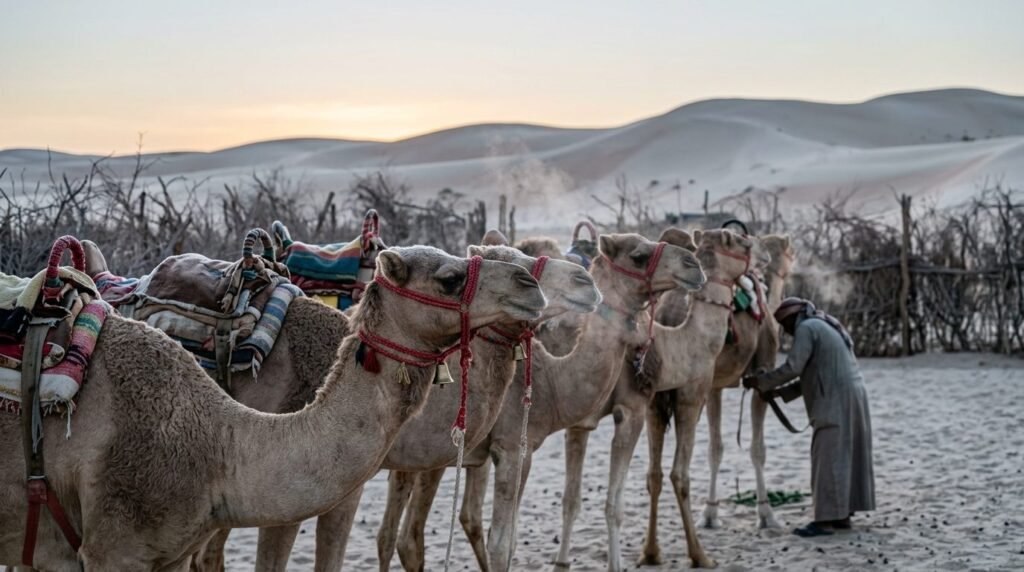 Saddled camels waiting at dawn with bells and bridles