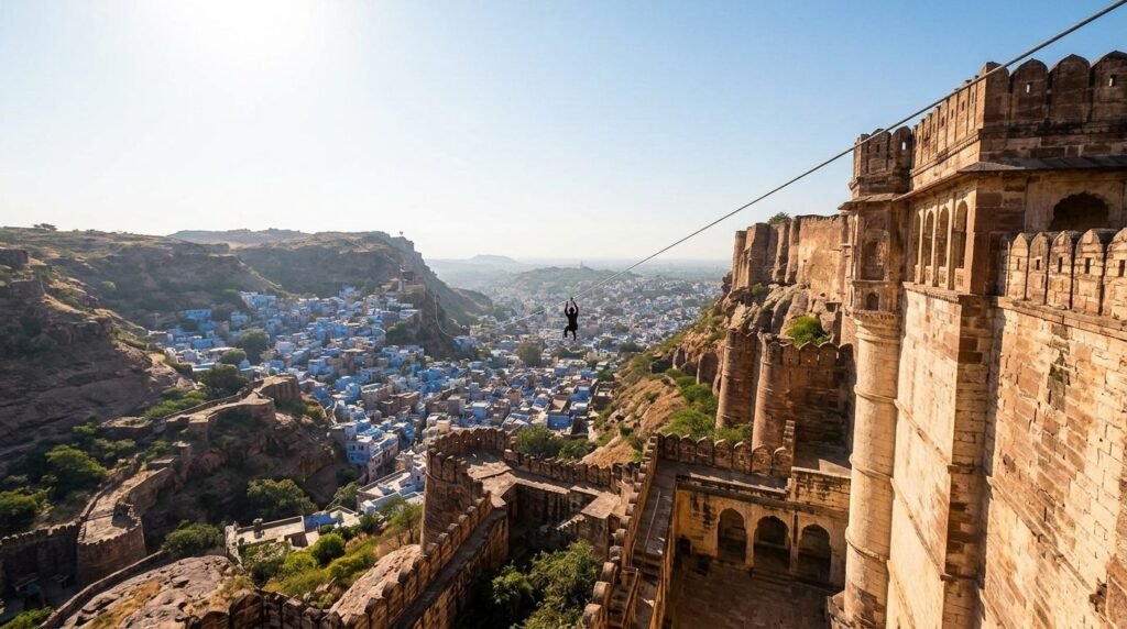 Zipline cable stretching from fort ramparts with a rider