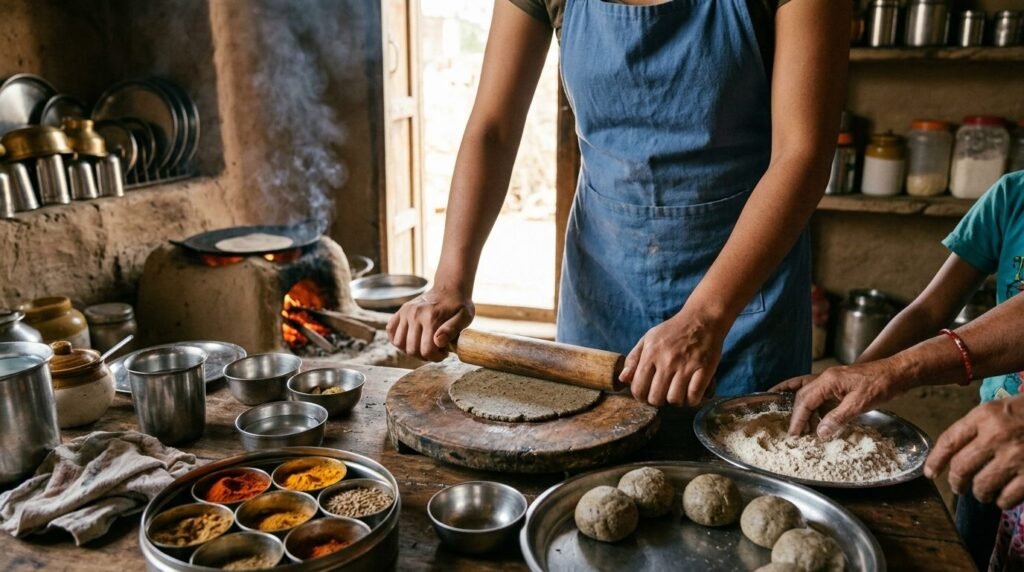 Hands rolling bajra roti beside a clay stove in a family kitchen