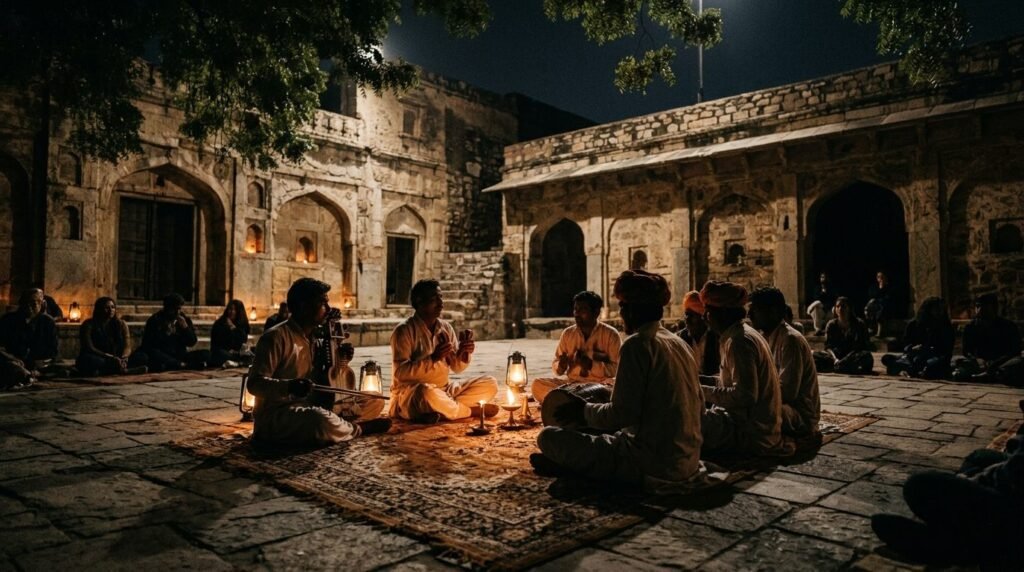 Sarangi and khartal players in a courtyard at night