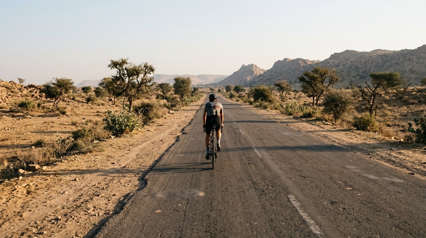 Cyclist on a desert road with hills ahead, morning side-light