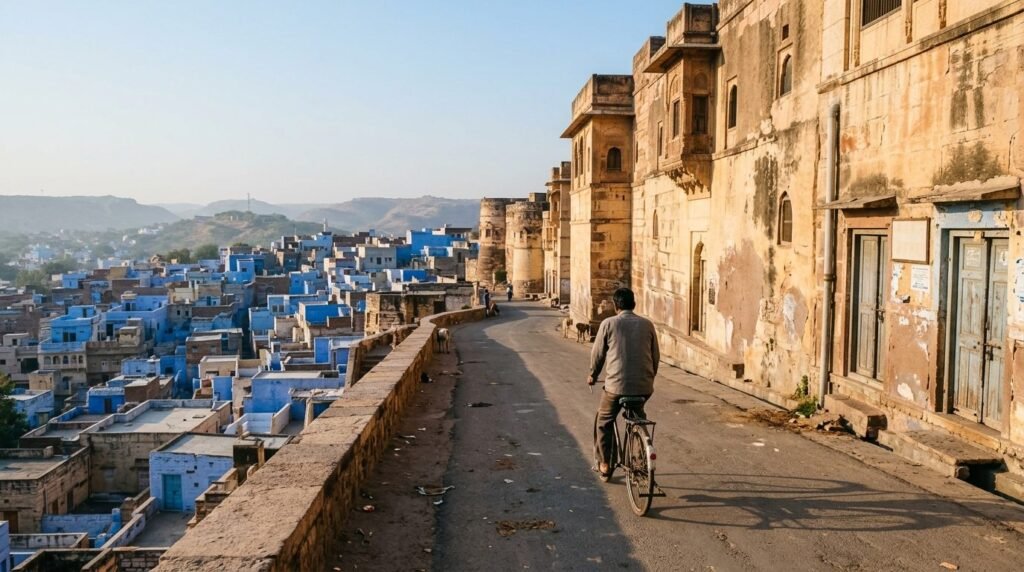 A cyclist on an empty morning road past old walls