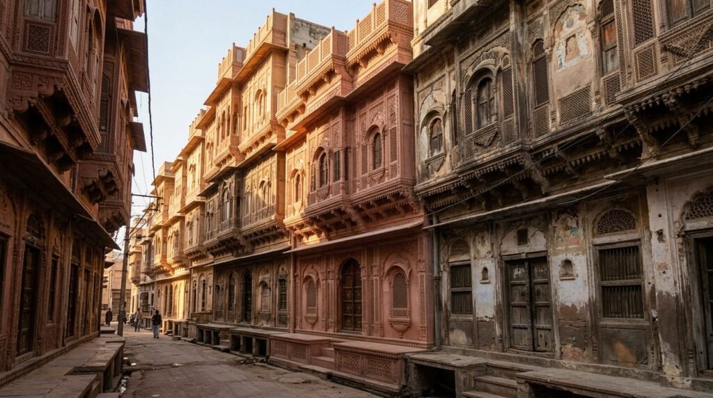 Row of merchant haveli facades with carved brackets