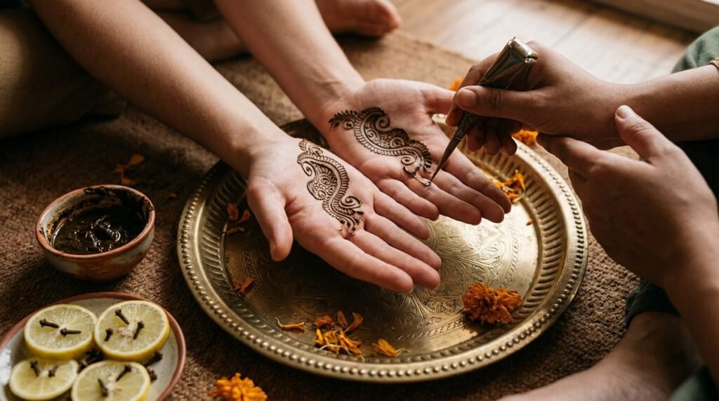 Henna cone drawing a fine design on two palms
