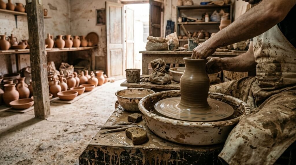 Potter's wheel with hands shaping a wet clay pot