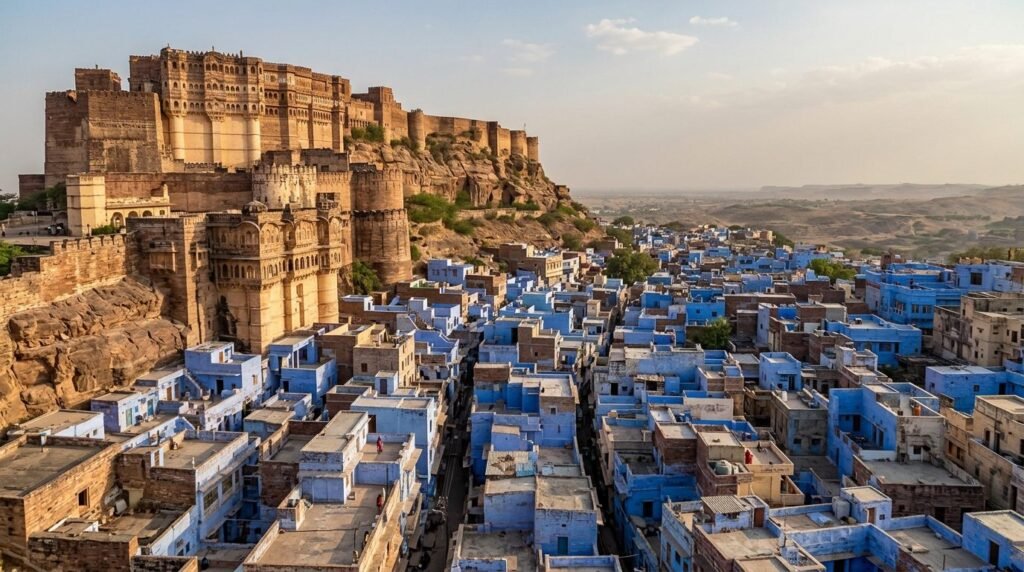 A striking heritage scene of warm sandstone architecture above a dense blue-wash