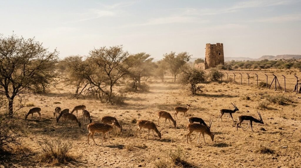 Deer and blackbuck in scrub parkland with a watchtower
