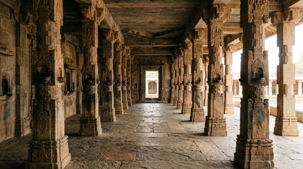 Hall of 84 carved sandstone pillars in a temple