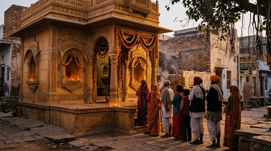 Small neighbourhood shrine with fresh garlands on a Friday