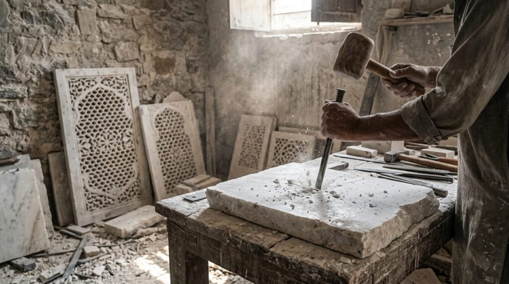 Marble carving workshop with chisel hands and stone chips