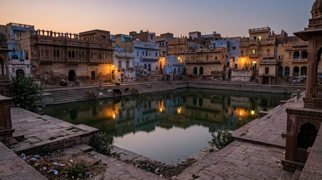 Old water tank mirroring heritage houses at dusk