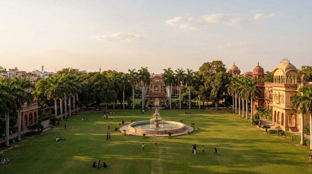 Garden lawns with a fountain and families at a distance