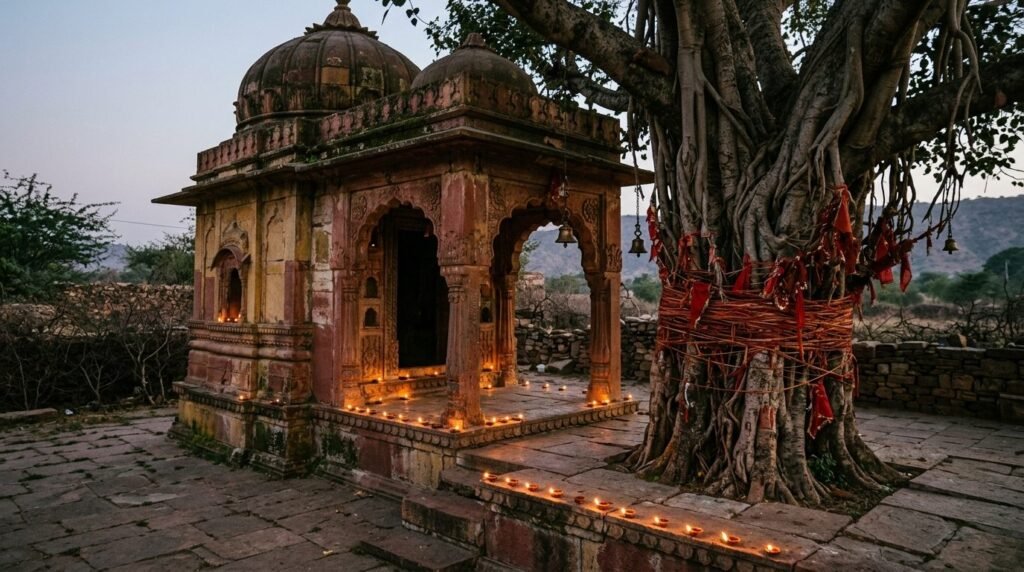 Ancient small shrine facade with oil lamps and weathered stone