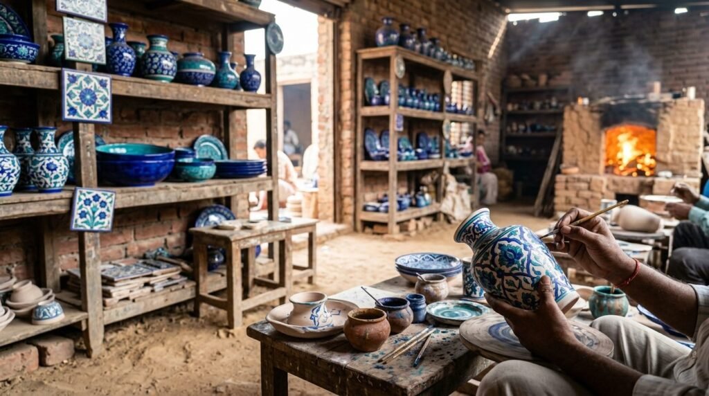 Blue-glazed pottery pieces drying on workshop shelves