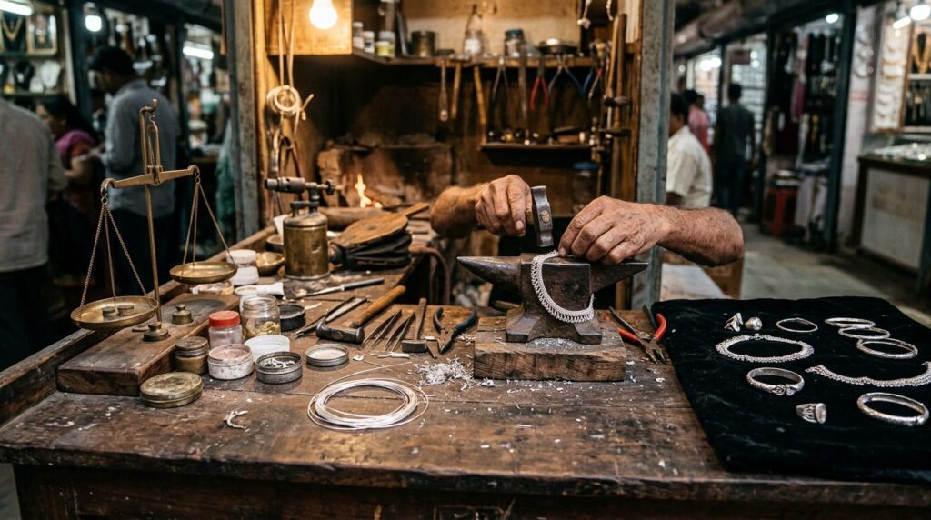 Silversmith's hands crafting an anklet at a bazaar workbench