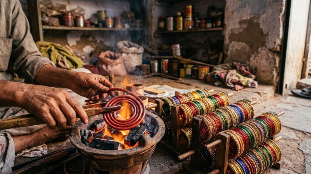 Lac bangle maker heating coloured lac over a small flame